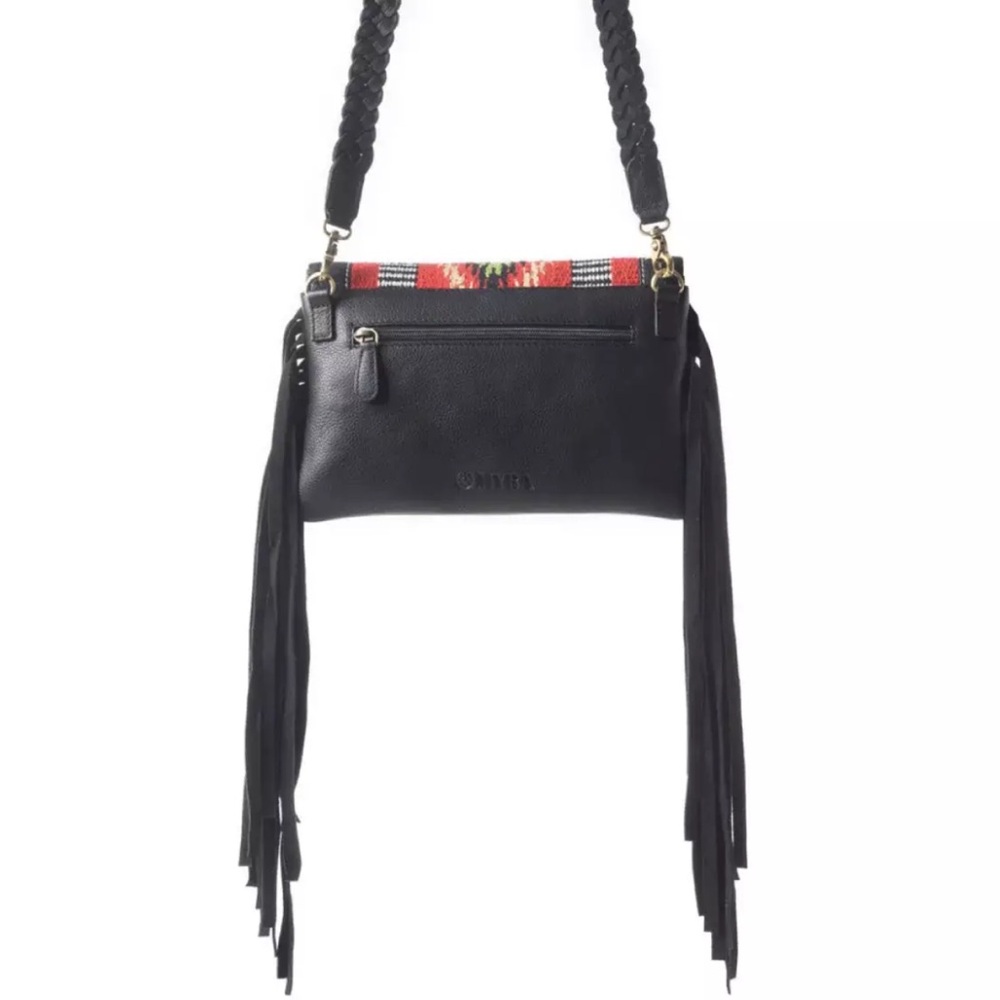 New Myra Bag Black Genuine Leather Crossbody with Aztec Rug & Fringe - Picture 2 of 12